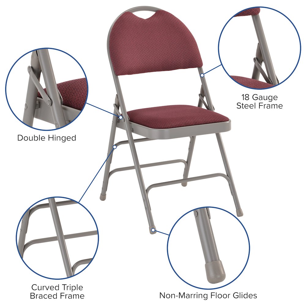 2 Pack HERCULES Series Ultra-Premium Triple Braced Burgundy Fabric Metal Folding Chair with Easy-Carry Handle. Picture 5