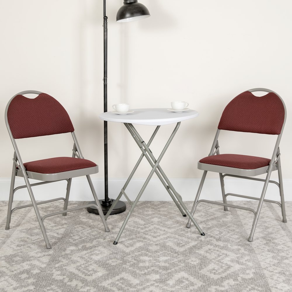 2 Pack HERCULES Series Ultra-Premium Triple Braced Burgundy Fabric Metal Folding Chair with Easy-Carry Handle. Picture 2