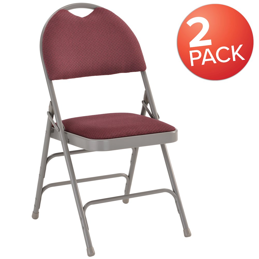 2 Pack HERCULES Series Ultra-Premium Triple Braced Burgundy Fabric Metal Folding Chair with Easy-Carry Handle. Picture 1