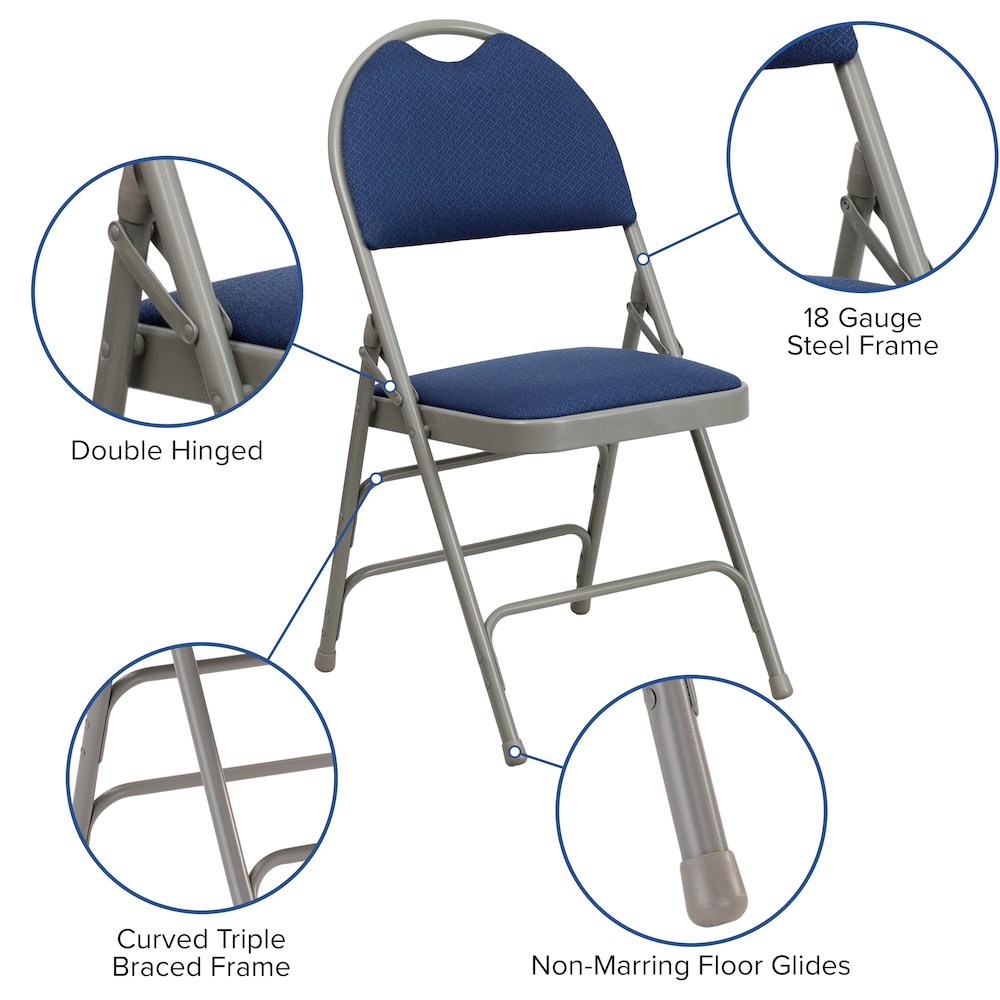 2 Pack HERCULES Series Ultra-Premium Triple Braced Navy Fabric Metal Folding Chair with Easy-Carry Handle. Picture 5
