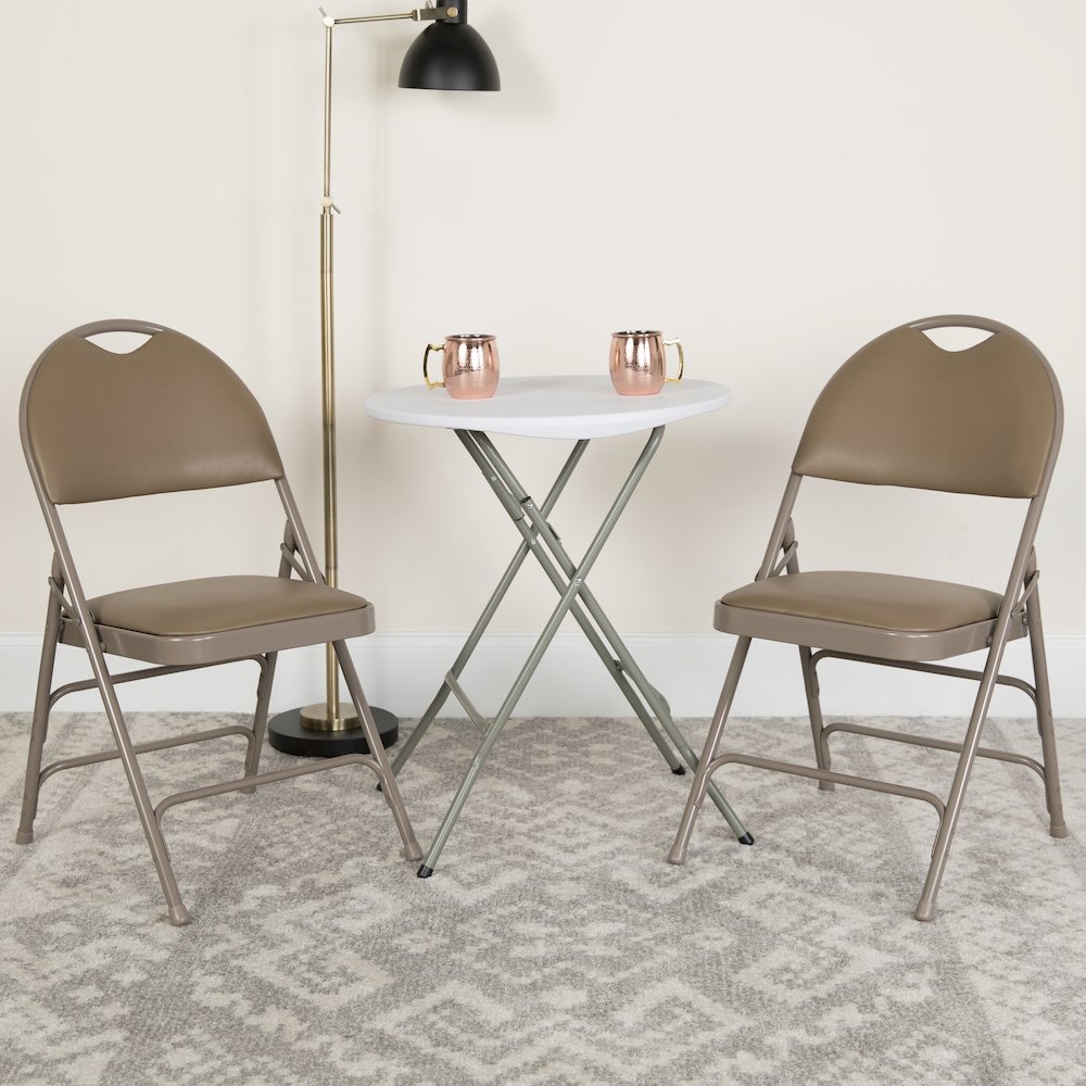 Ultra-Premium Triple Braced Beige Vinyl Metal Folding Chair with Easy-Carry Handle. Picture 8