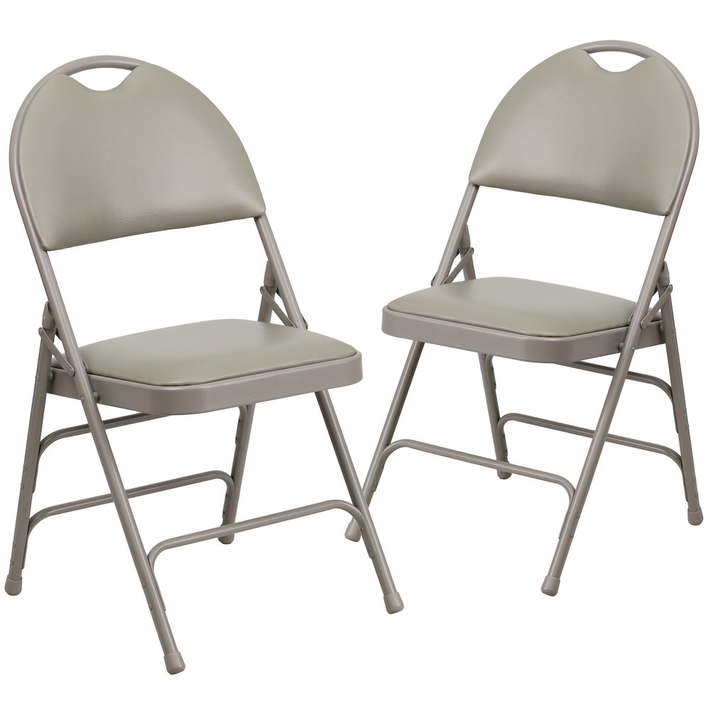 2 Pack HERCULES Series Ultra-Premium Triple Braced Gray Vinyl Metal Folding Chair with Easy-Carry Handle. Picture 3