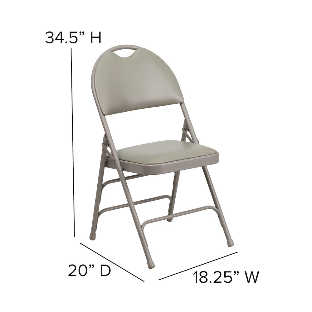 2 Pack HERCULES Series Ultra-Premium Triple Braced Gray Vinyl Metal Folding Chair with Easy-Carry Handle. Picture 6