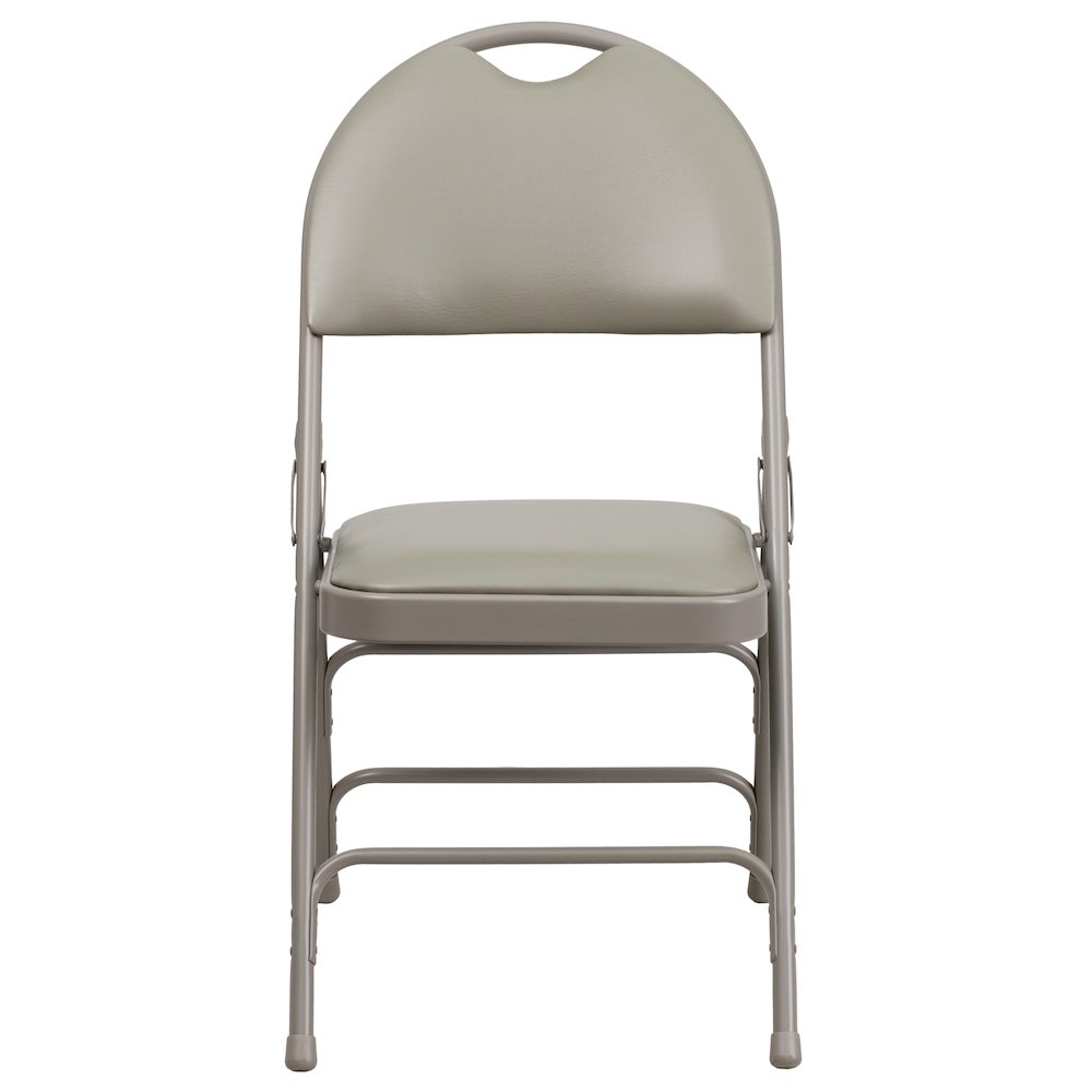 2 Pack HERCULES Series Ultra-Premium Triple Braced Gray Vinyl Metal Folding Chair with Easy-Carry Handle. Picture 10