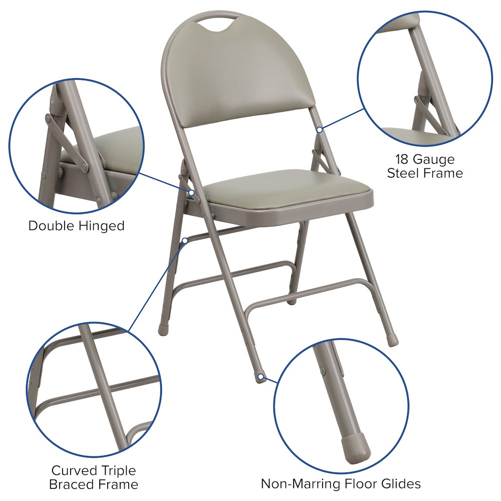 2 Pack HERCULES Series Ultra-Premium Triple Braced Gray Vinyl Metal Folding Chair with Easy-Carry Handle. Picture 5