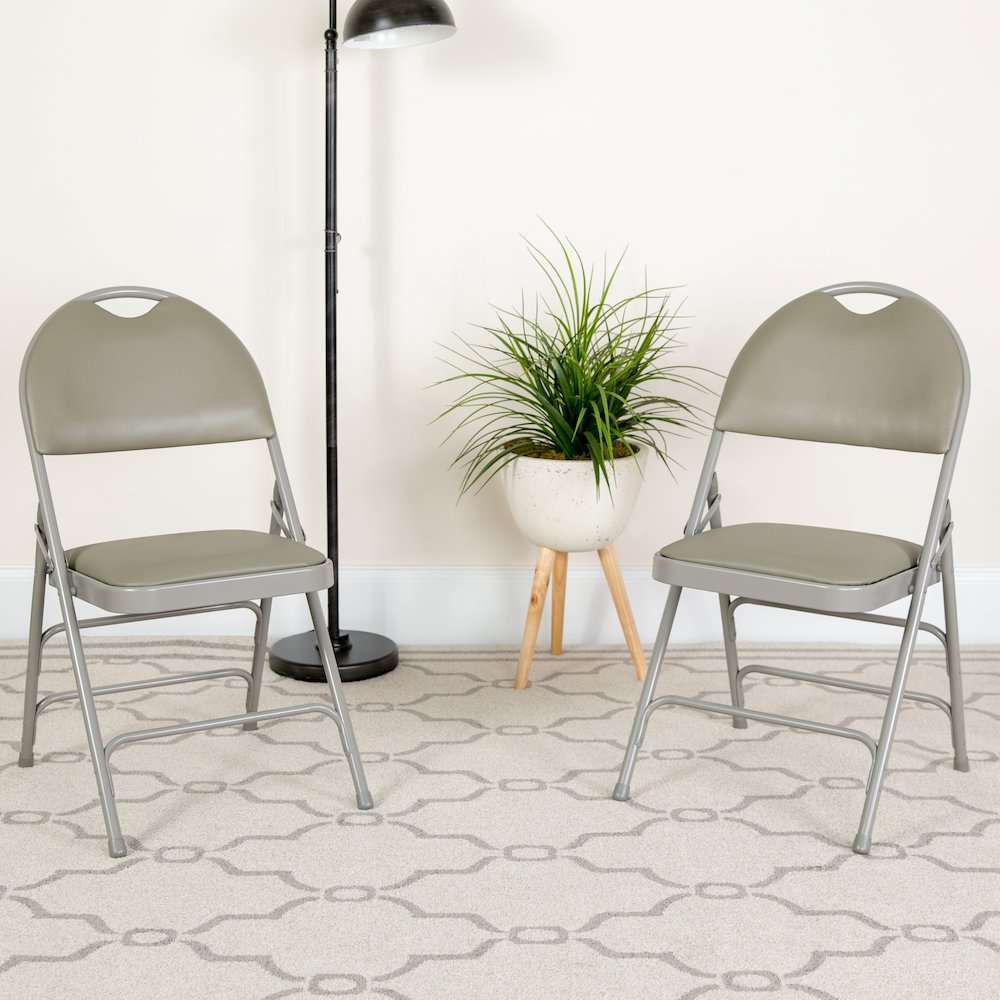 2 Pack HERCULES Series Ultra-Premium Triple Braced Gray Vinyl Metal Folding Chair with Easy-Carry Handle. Picture 2