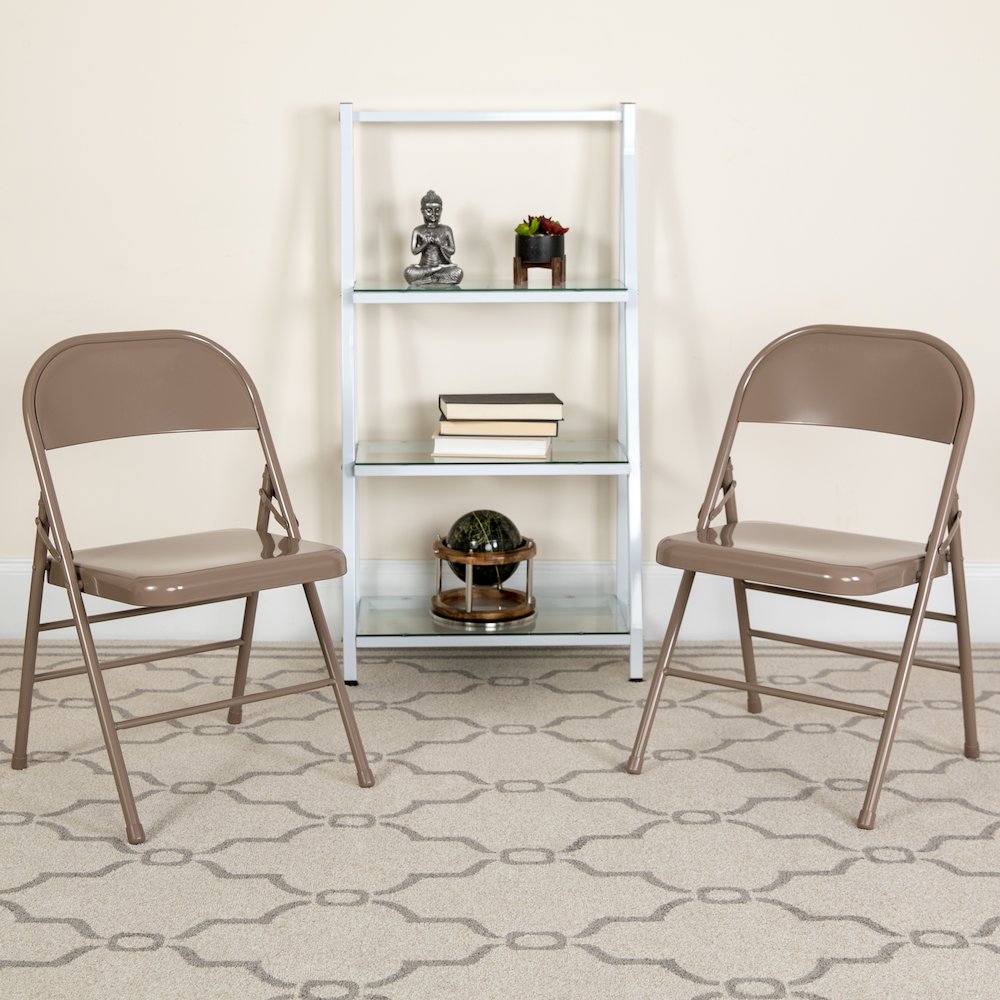 Triple Braced & Double Hinged Beige Metal Folding Chair. Picture 8