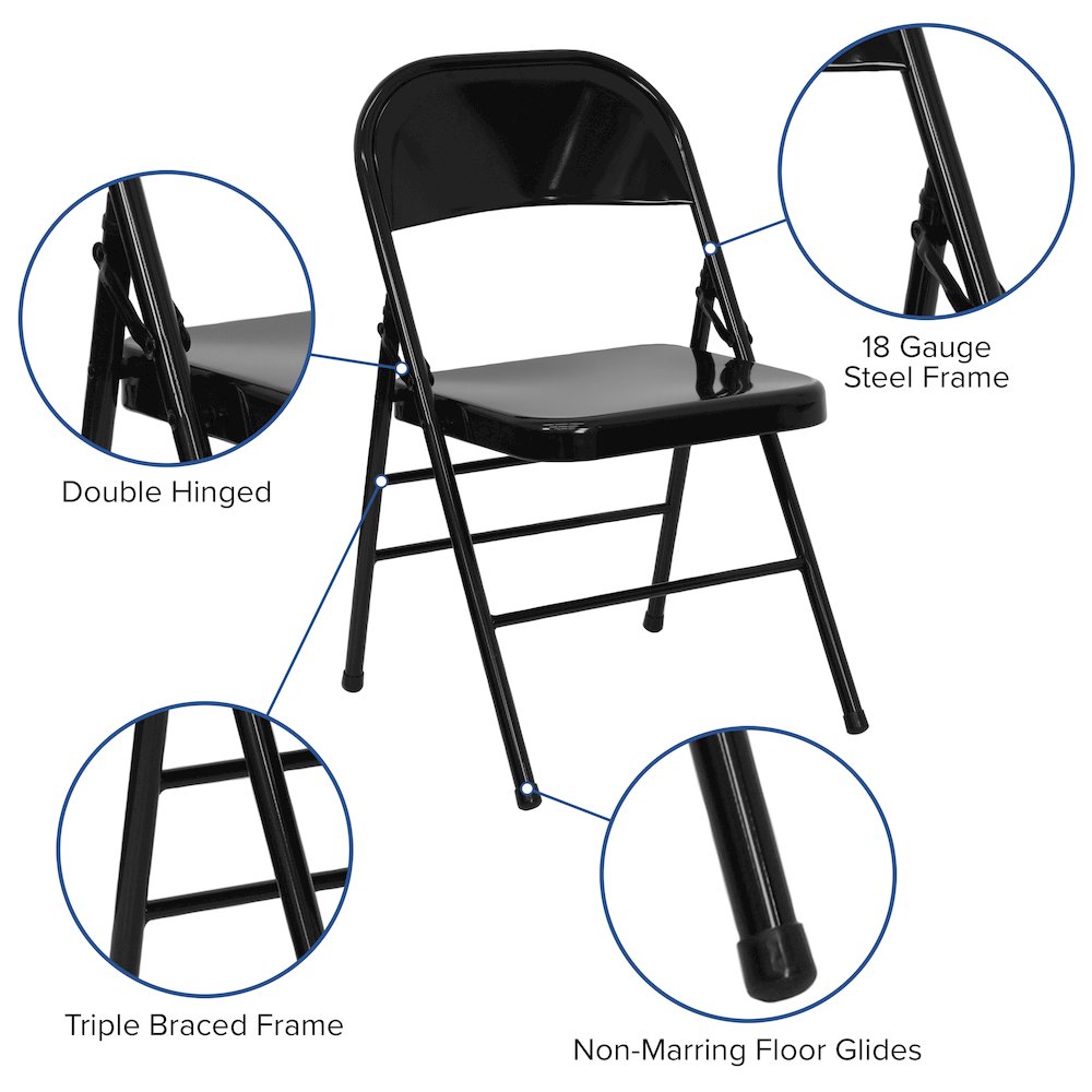 Triple Braced & Double Hinged Black Metal Folding Chair. Picture 7