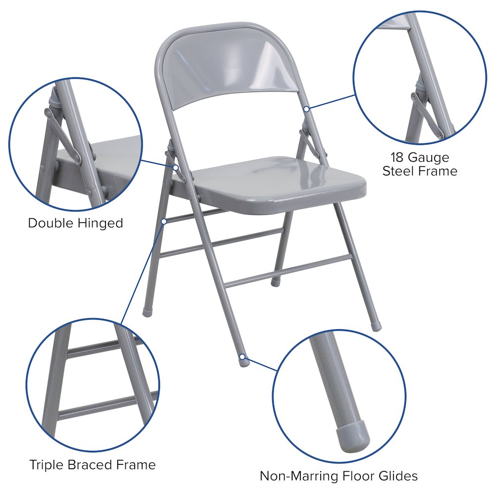 2 Pack HERCULES Series Triple Braced & Double Hinged Gray Metal Folding Chair. Picture 5