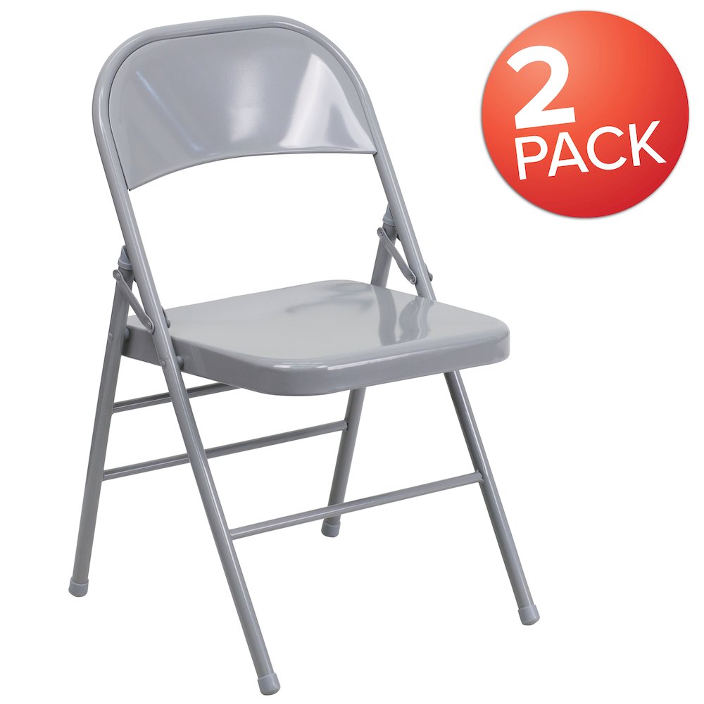 2 Pack HERCULES Series Triple Braced & Double Hinged Gray Metal Folding Chair. Picture 1