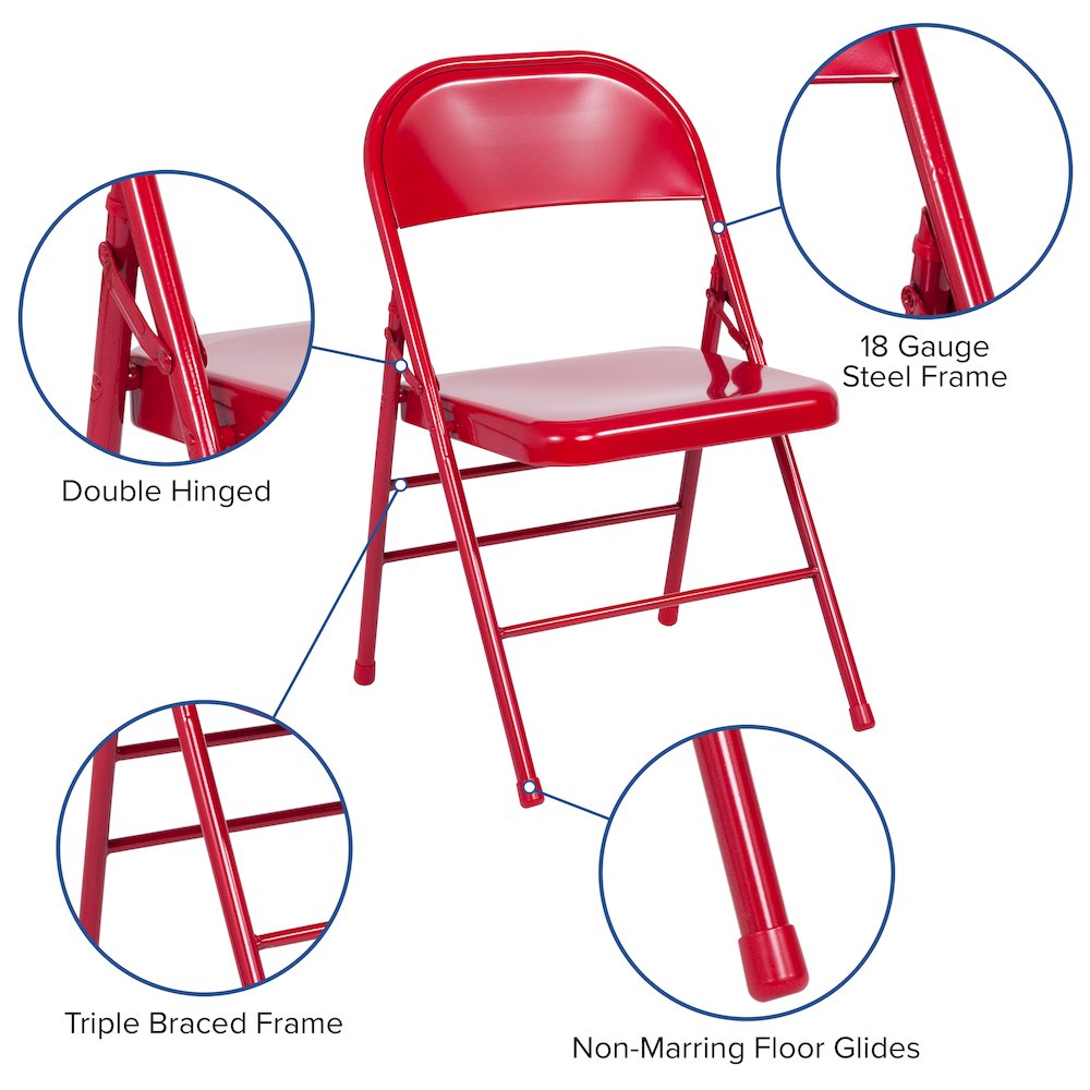 Triple Braced & Double Hinged Red Metal Folding Chair. Picture 6