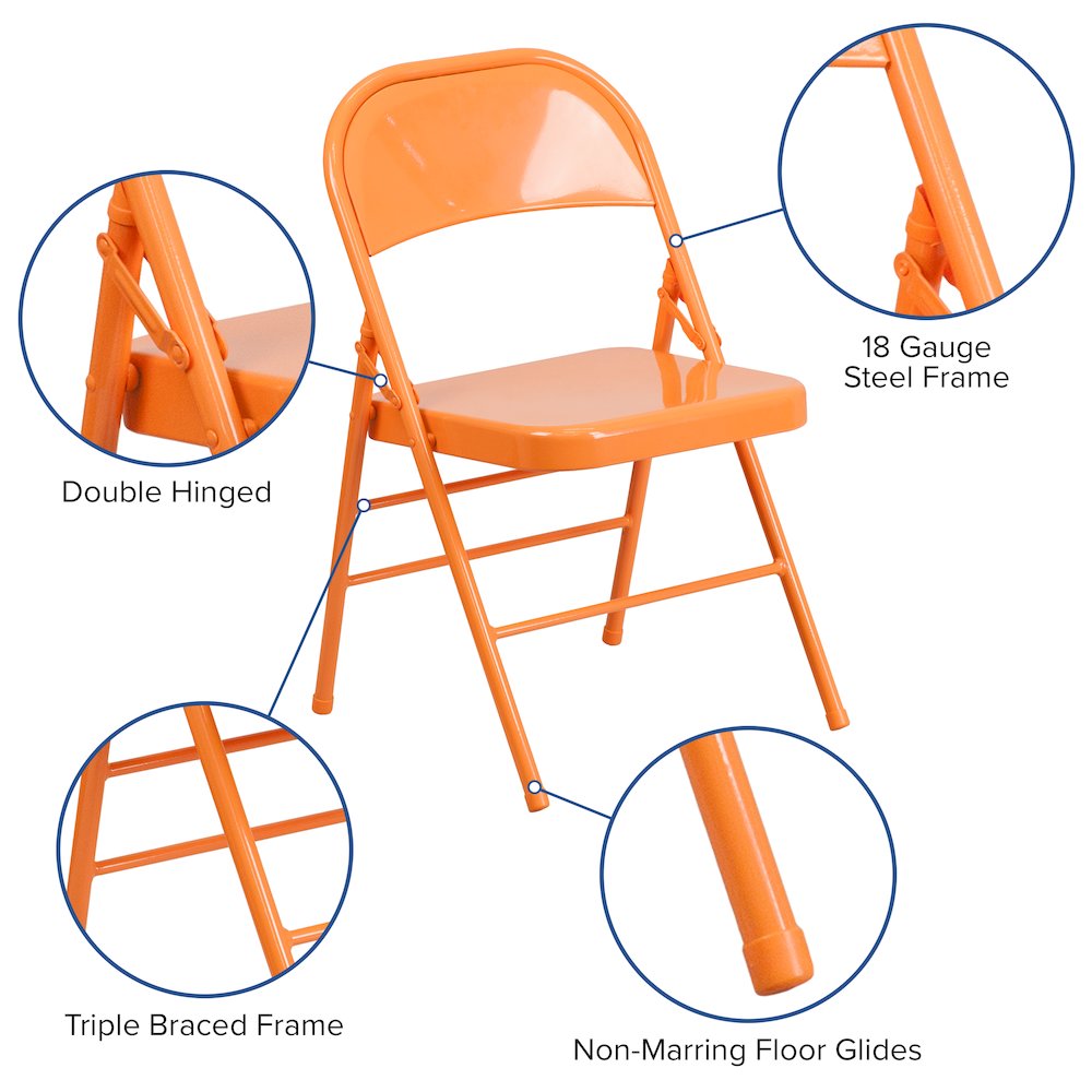 2 Pack HERCULES COLORBURST Series Orange Marmalade Triple Braced & Double Hinged Metal Folding Chair. Picture 5