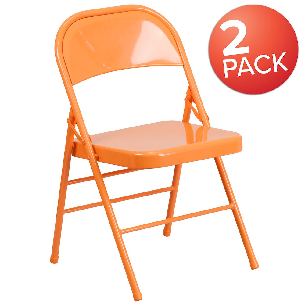 2 Pack HERCULES COLORBURST Series Orange Marmalade Triple Braced & Double Hinged Metal Folding Chair. Picture 1
