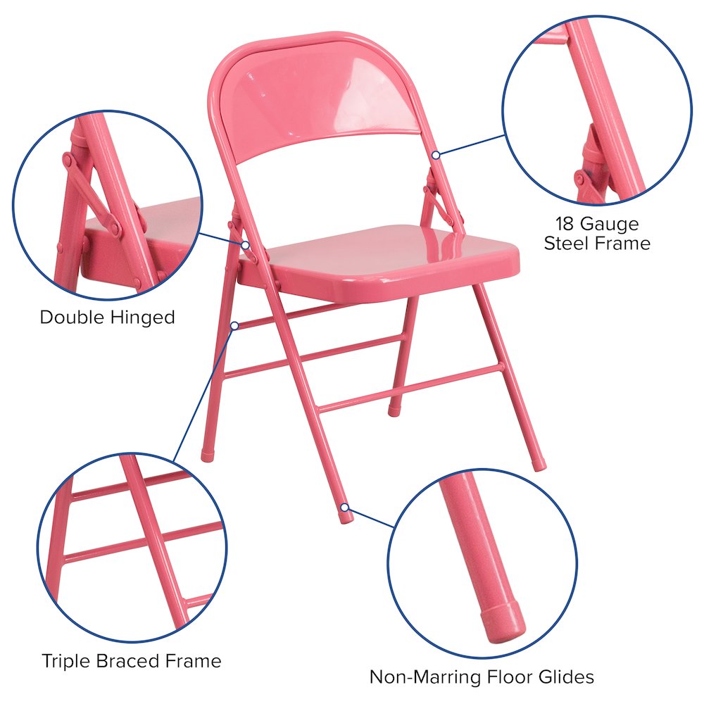 Bubblegum Pink Triple Braced & Double Hinged Metal Folding Chair. Picture 6