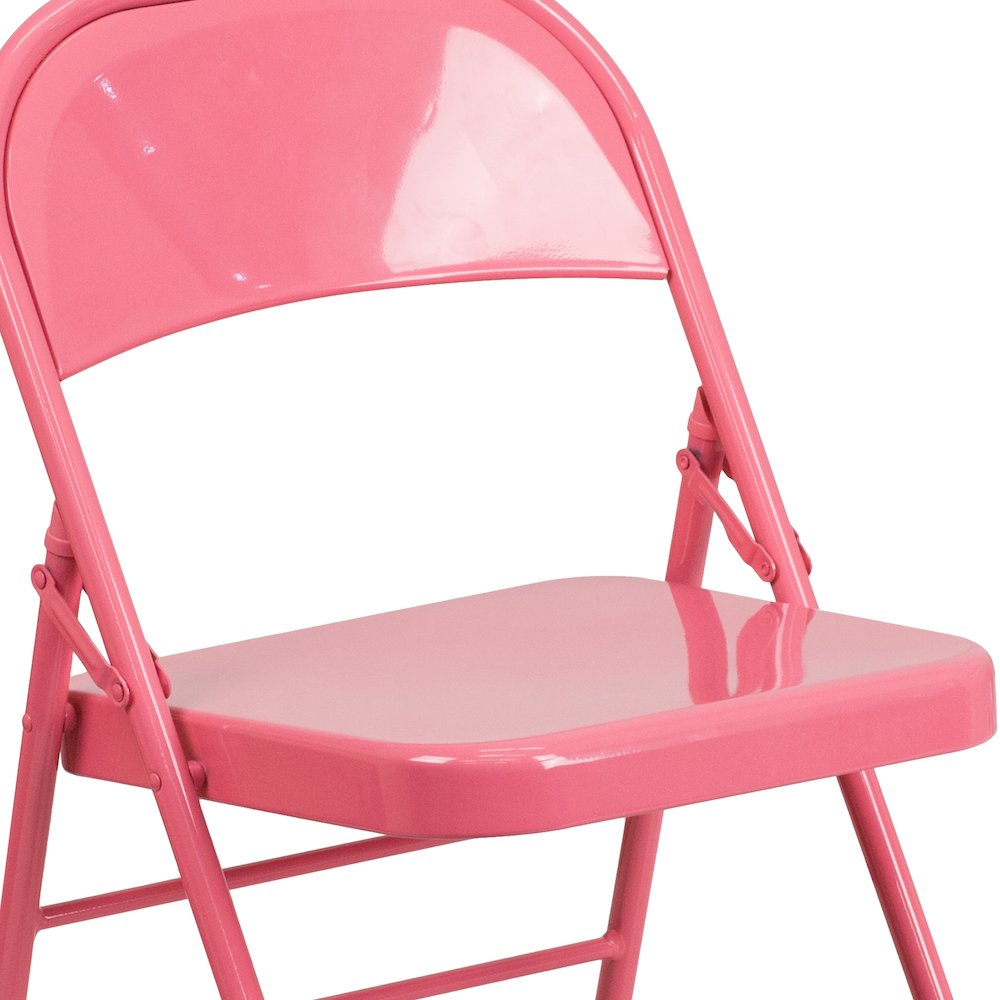 2 Pack Bubblegum Pink Triple Braced & Double Hinged Metal Folding Chair. Picture 9