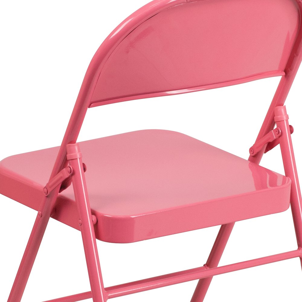 2 Pack Bubblegum Pink Triple Braced & Double Hinged Metal Folding Chair. Picture 13