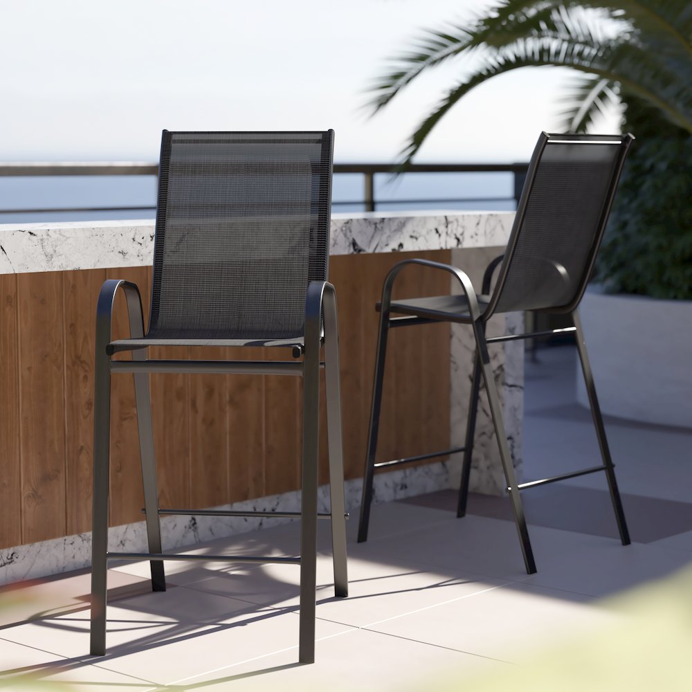 2 Pack Black Outdoor Barstool with Flex Comfort Material and Metal Frame. Picture 2