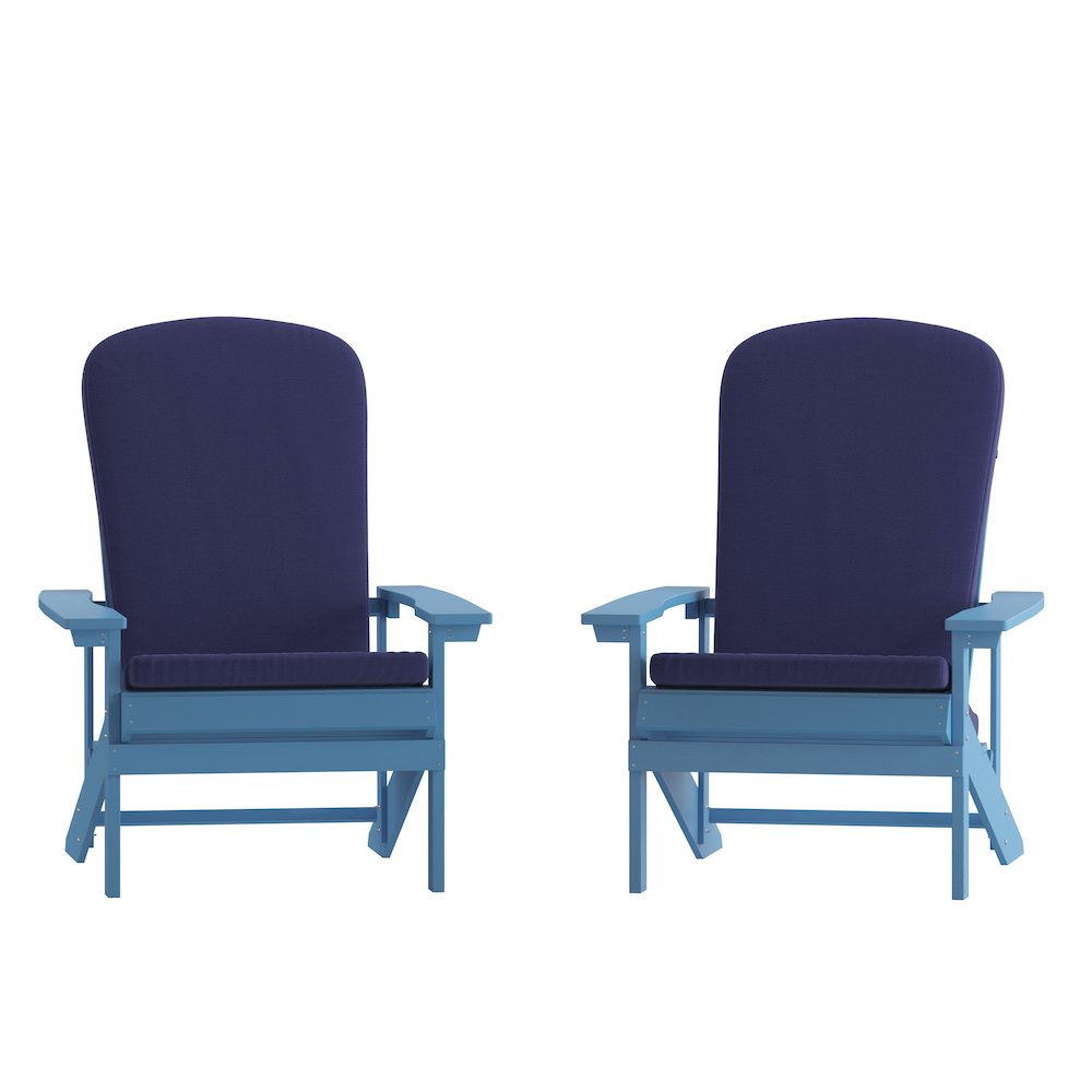 Set of 2 Adirondack Chairs in Blue with Blue Cushions for Deck, Porch, and Patio. Picture 3