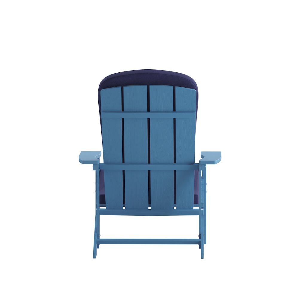 Set of 2 Adirondack Chairs in Blue with Blue Cushions for Deck, Porch, and Patio. Picture 11