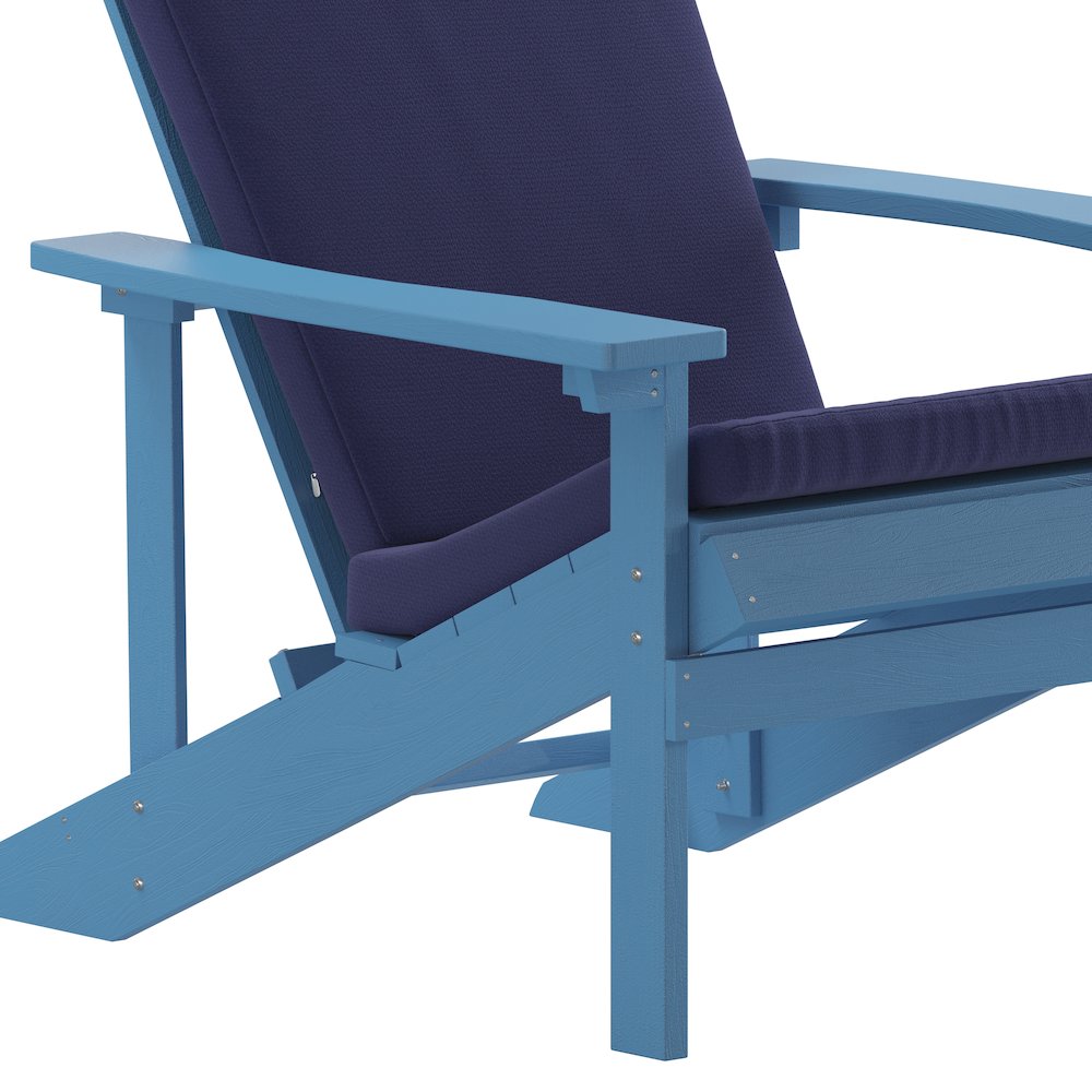 Set of 2 Adirondack Chairs in Blue with Blue Cushions for Deck, Porch, and Patio. Picture 12