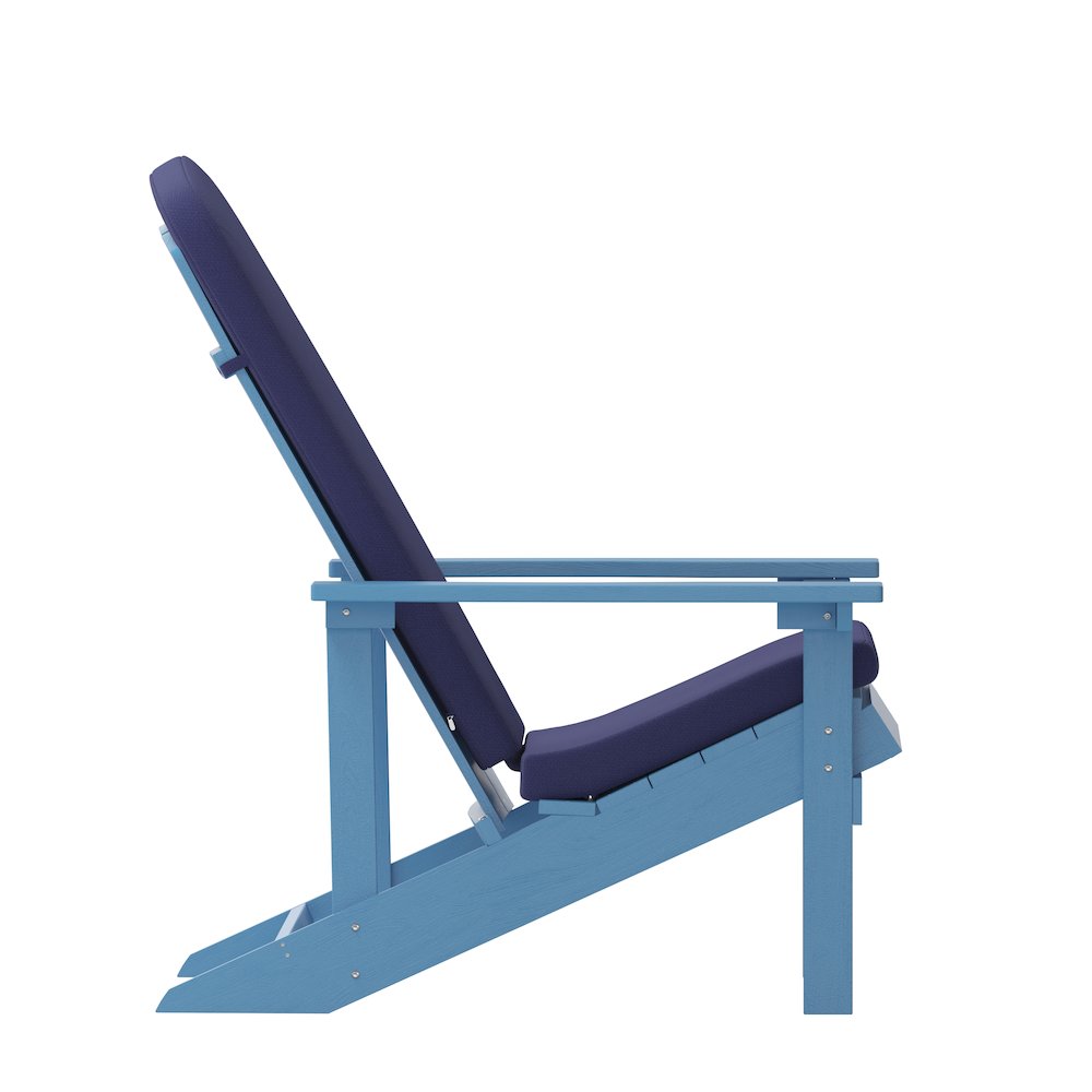 Set of 2 Adirondack Chairs in Blue with Blue Cushions for Deck, Porch, and Patio. Picture 13