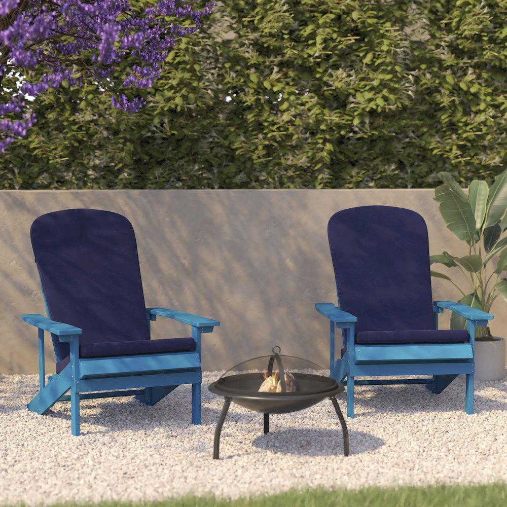 Set of 2 Adirondack Chairs in Blue with Blue Cushions for Deck, Porch, and Patio. Picture 2