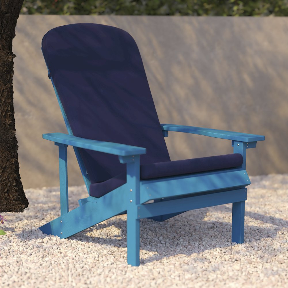 Set of 2 Adirondack Chairs in Blue with Blue Cushions for Deck, Porch, and Patio. Picture 9