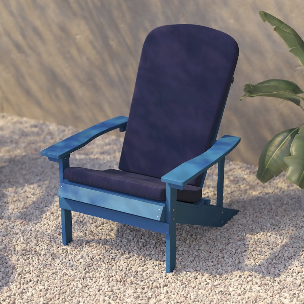 Set of 2 Adirondack Chairs in Blue with Blue Cushions for Deck, Porch, and Patio. Picture 10
