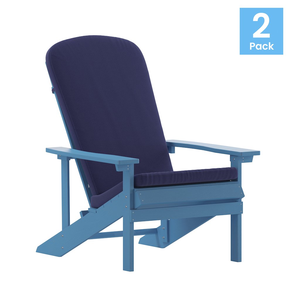 Set of 2 Adirondack Chairs in Blue with Blue Cushions for Deck, Porch, and Patio. Picture 1