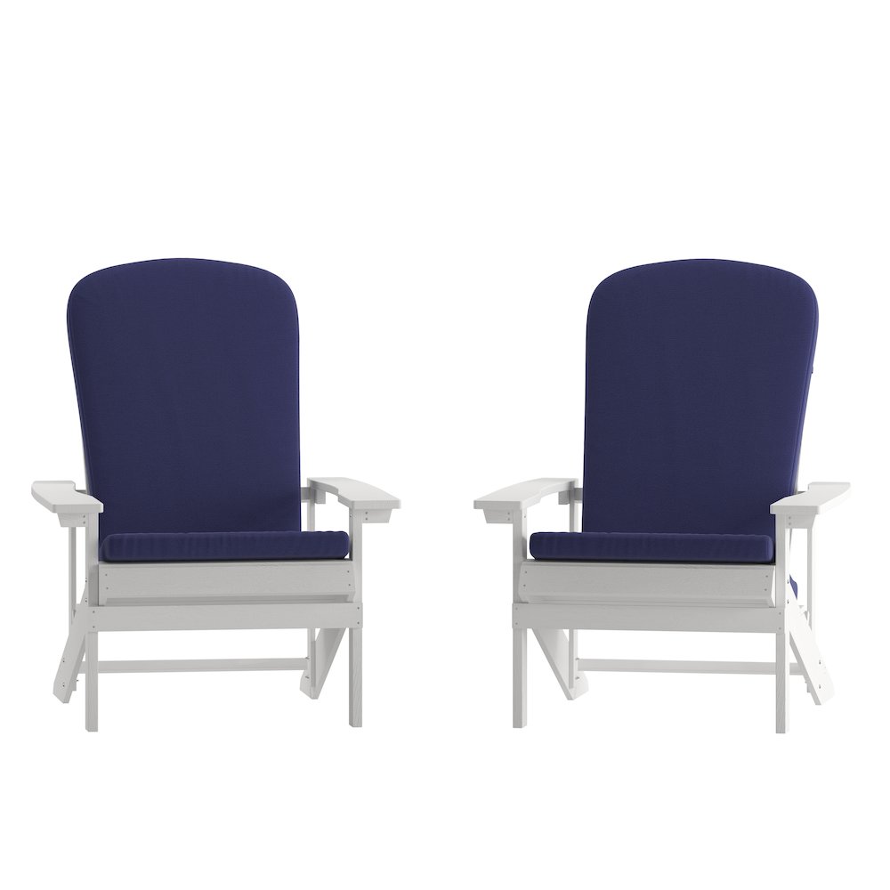 Set of 2 Adirondack Chairs in White with Blue Cushions, Porch, and Patio. Picture 3