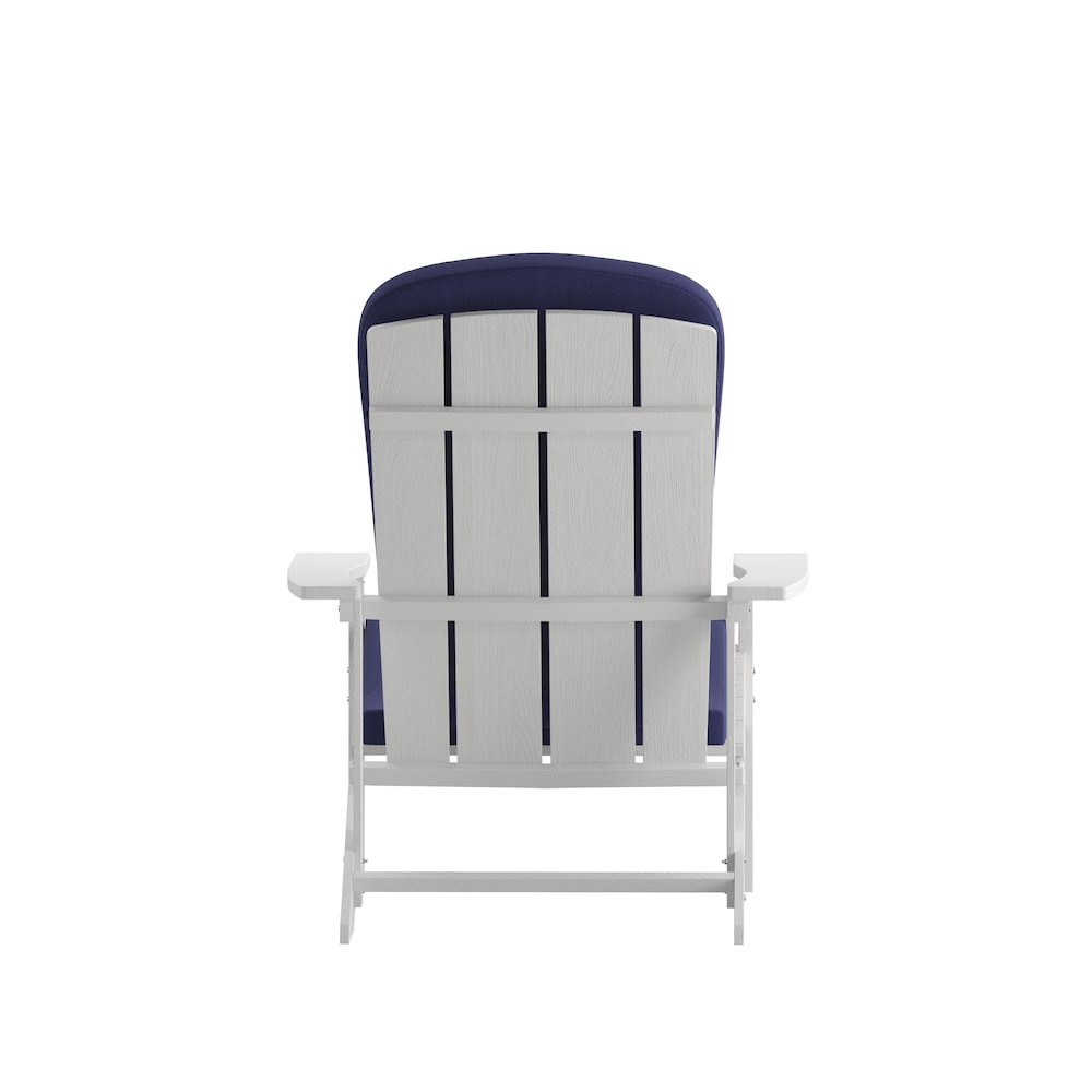 Set of 2 Adirondack Chairs in White with Blue Cushions, Porch, and Patio. Picture 11