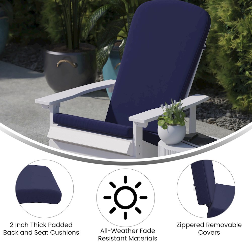 Set of 2 Adirondack Chairs in White with Blue Cushions, Porch, and Patio. Picture 6