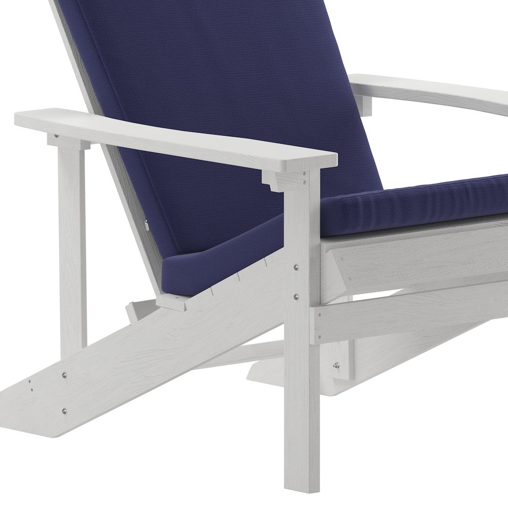 Set of 2 Adirondack Chairs in White with Blue Cushions, Porch, and Patio. Picture 12