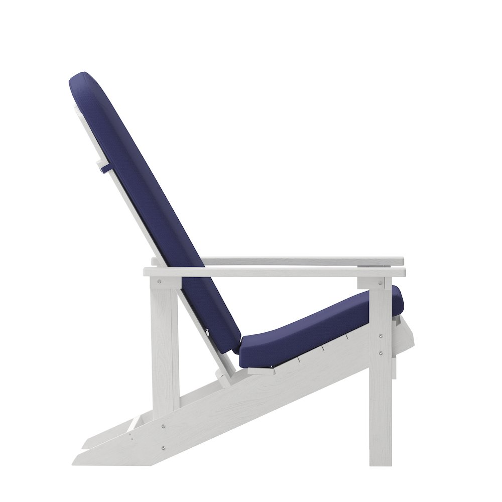 Set of 2 Adirondack Chairs in White with Blue Cushions, Porch, and Patio. Picture 13