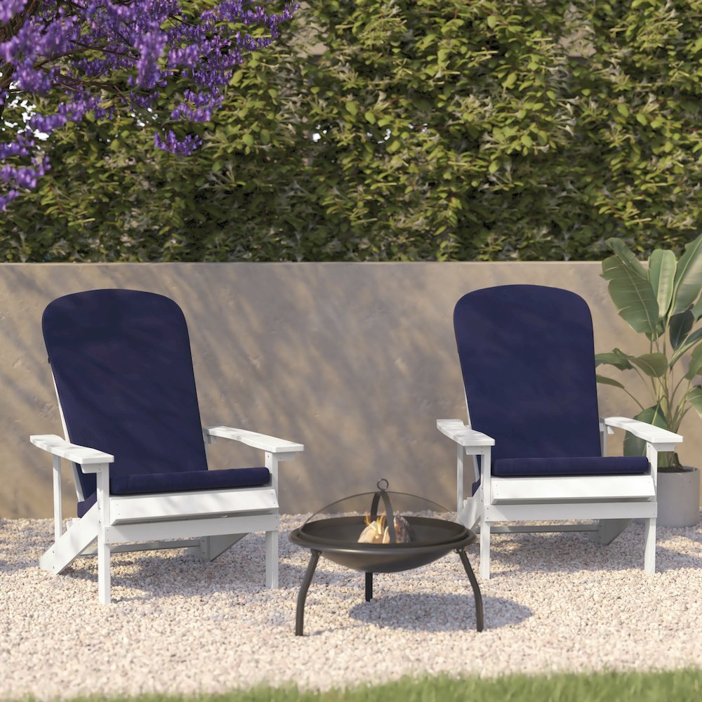 Set of 2 Adirondack Chairs in White with Blue Cushions, Porch, and Patio. Picture 2