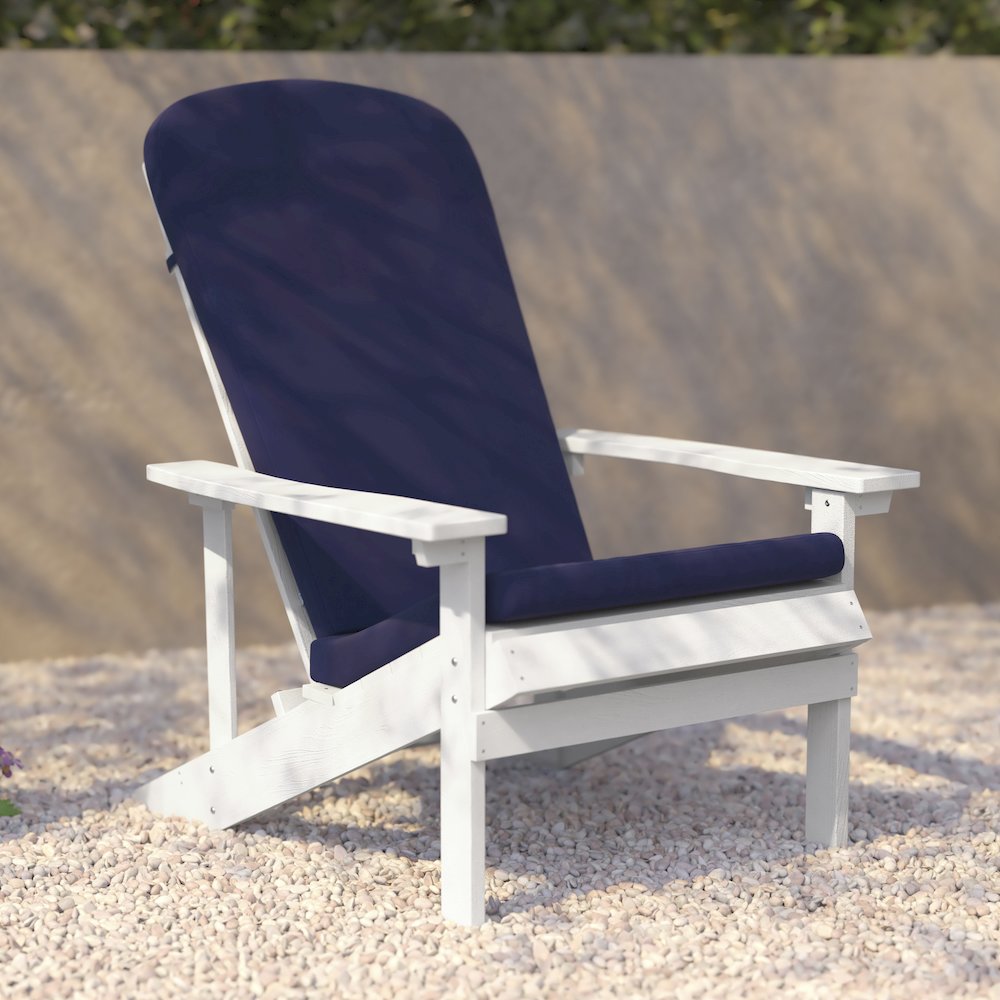 Set of 2 Adirondack Chairs in White with Blue Cushions, Porch, and Patio. Picture 9