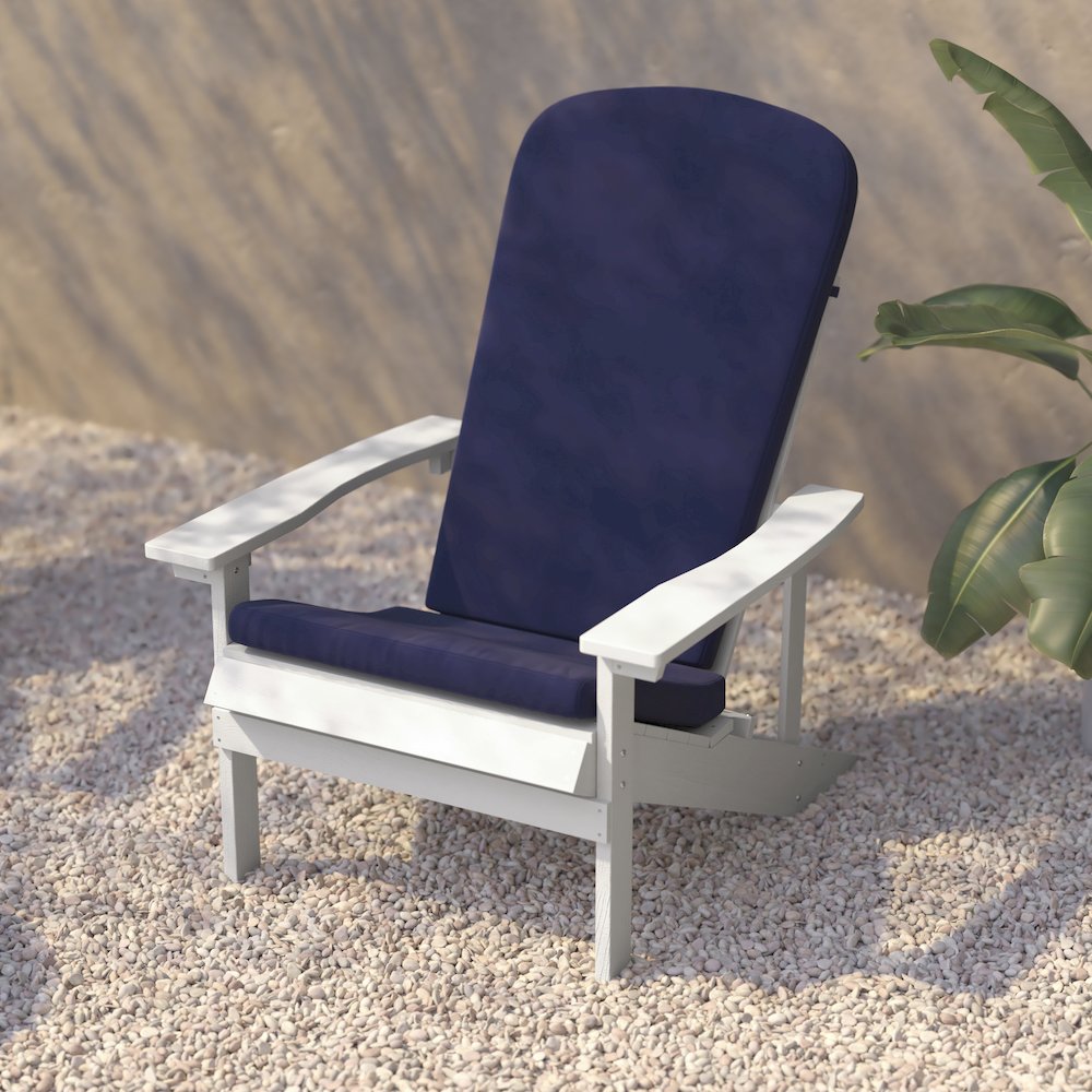 Set of 2 Adirondack Chairs in White with Blue Cushions, Porch, and Patio. Picture 10