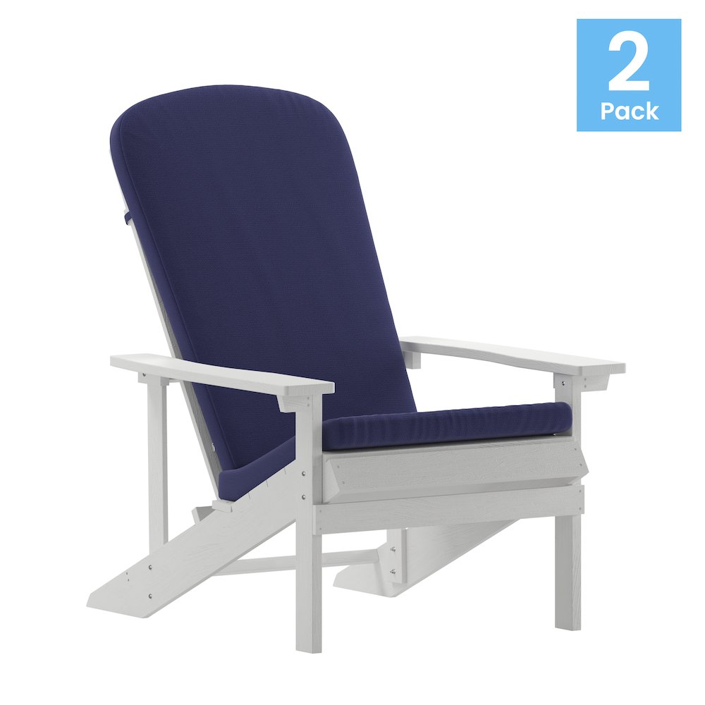 Set of 2 Adirondack Chairs in White with Blue Cushions, Porch, and Patio. Picture 1