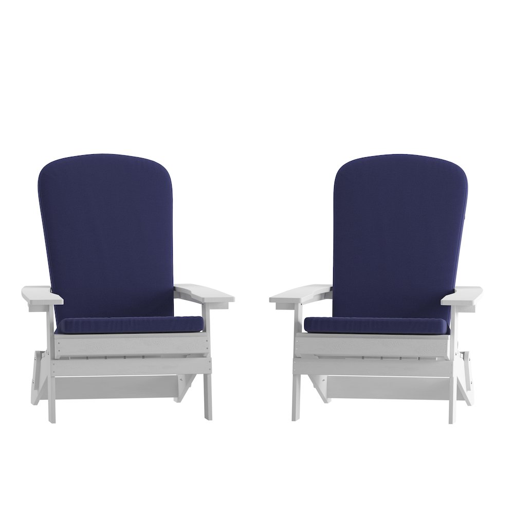Set of 2Folding Adirondack Chairs in White with Blue Cushions, Porch, and Patio. Picture 3