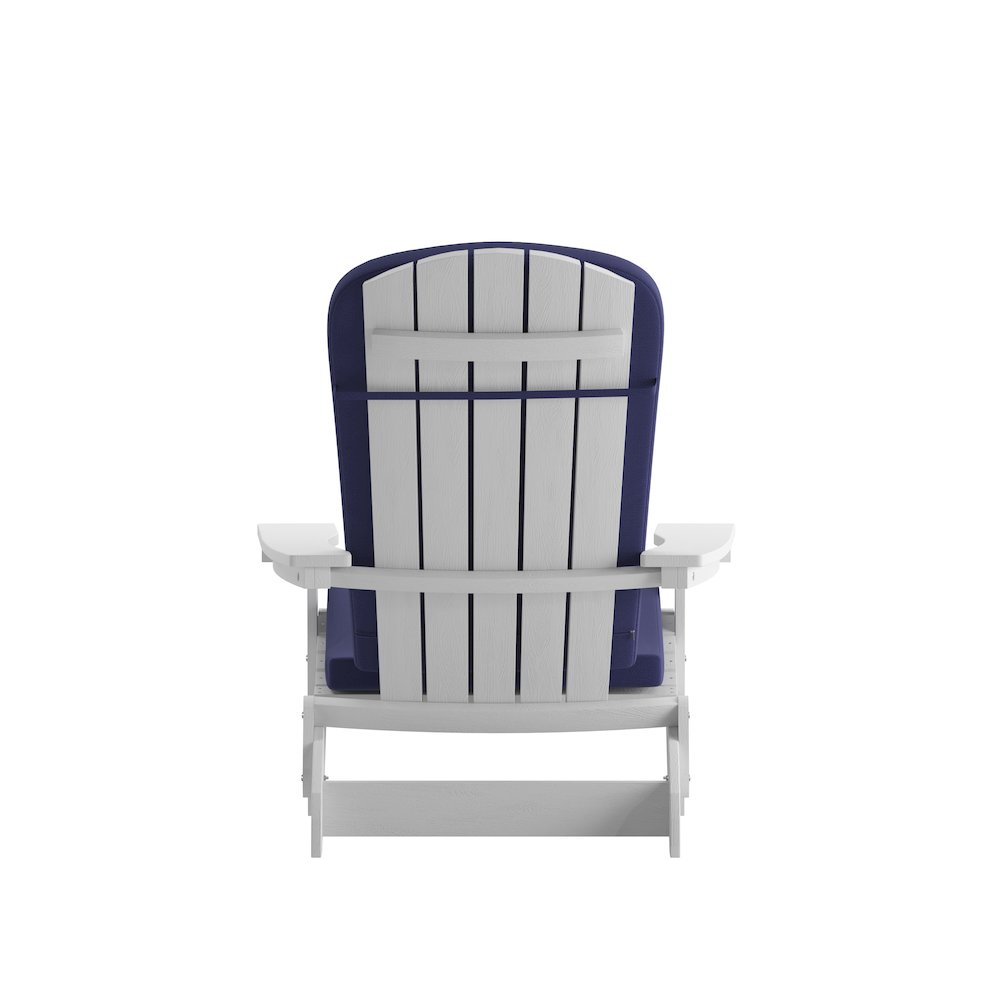 Set of 2Folding Adirondack Chairs in White with Blue Cushions, Porch, and Patio. Picture 11