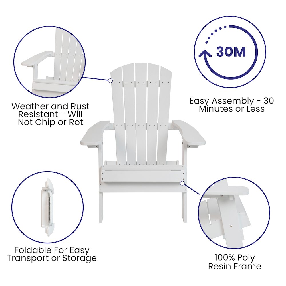 Set of 2Folding Adirondack Chairs in White with Blue Cushions, Porch, and Patio. Picture 5