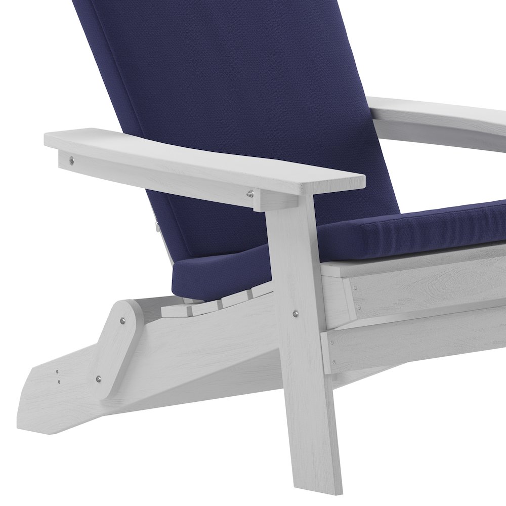 Set of 2Folding Adirondack Chairs in White with Blue Cushions, Porch, and Patio. Picture 12