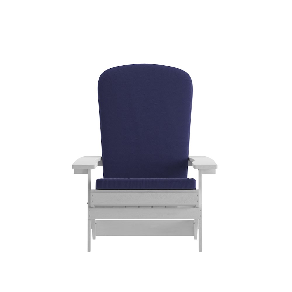 Set of 2Folding Adirondack Chairs in White with Blue Cushions, Porch, and Patio. Picture 14