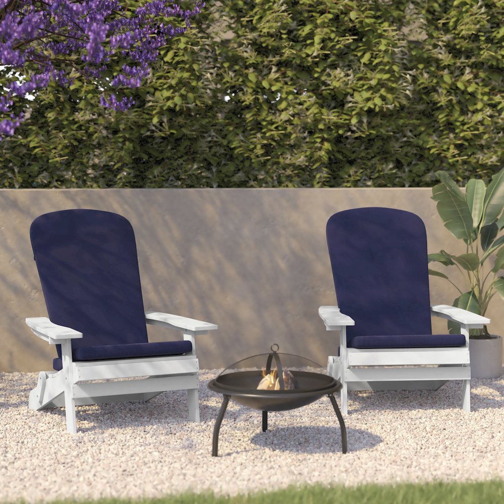 Set of 2Folding Adirondack Chairs in White with Blue Cushions, Porch, and Patio. Picture 2