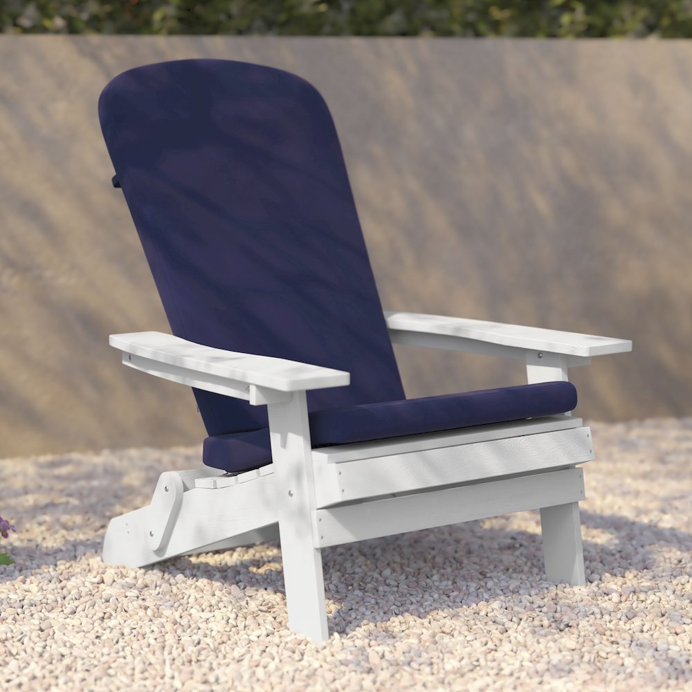 Set of 2Folding Adirondack Chairs in White with Blue Cushions, Porch, and Patio. Picture 9