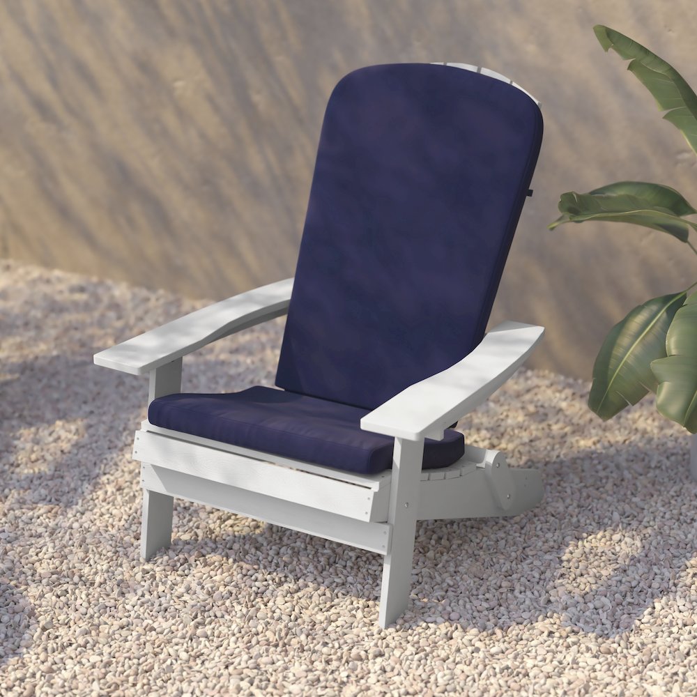 Set of 2Folding Adirondack Chairs in White with Blue Cushions, Porch, and Patio. Picture 10