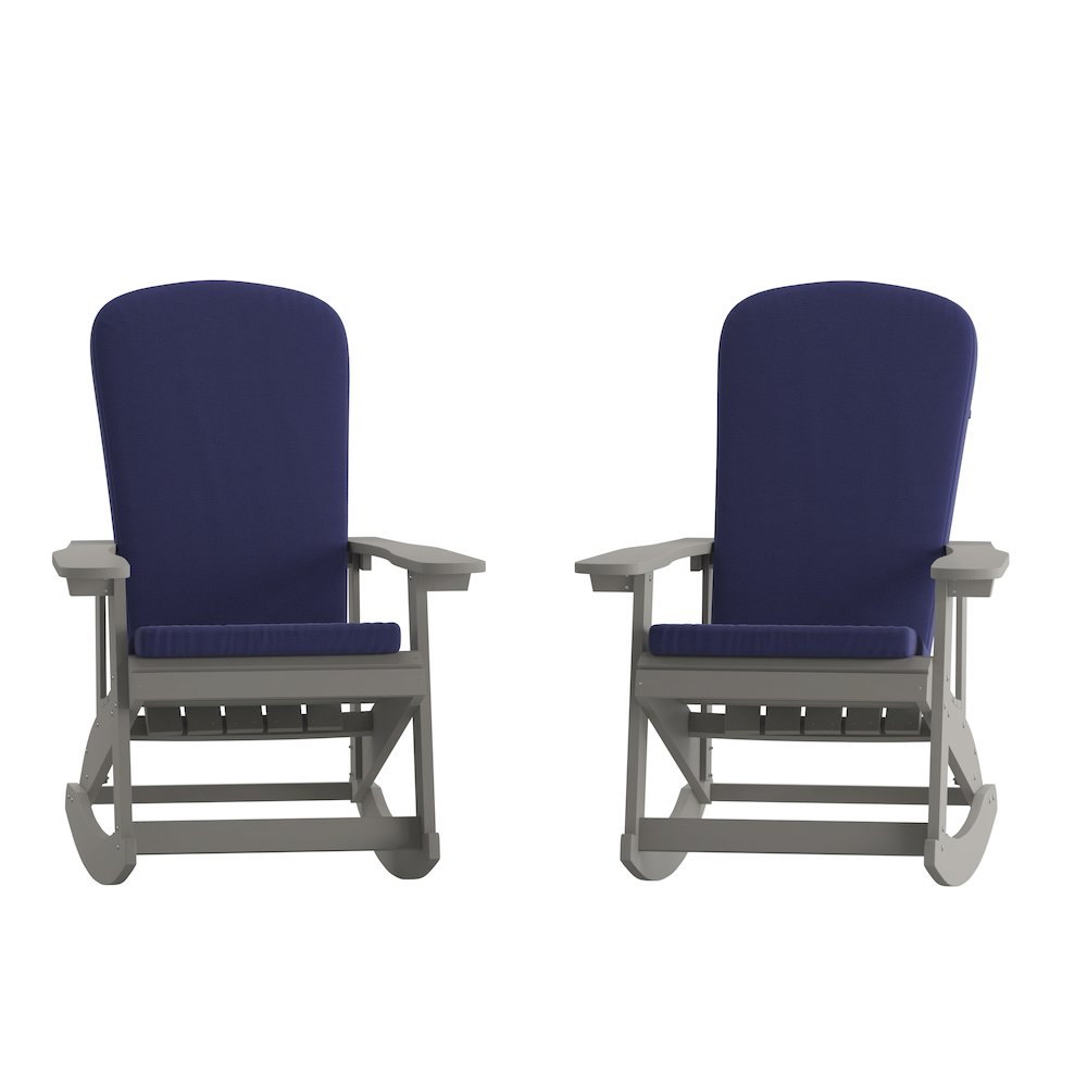 Set of 2 Adirondack Rocking Chairs in Gray with Blue Cushions, Porch, and Patio. Picture 3