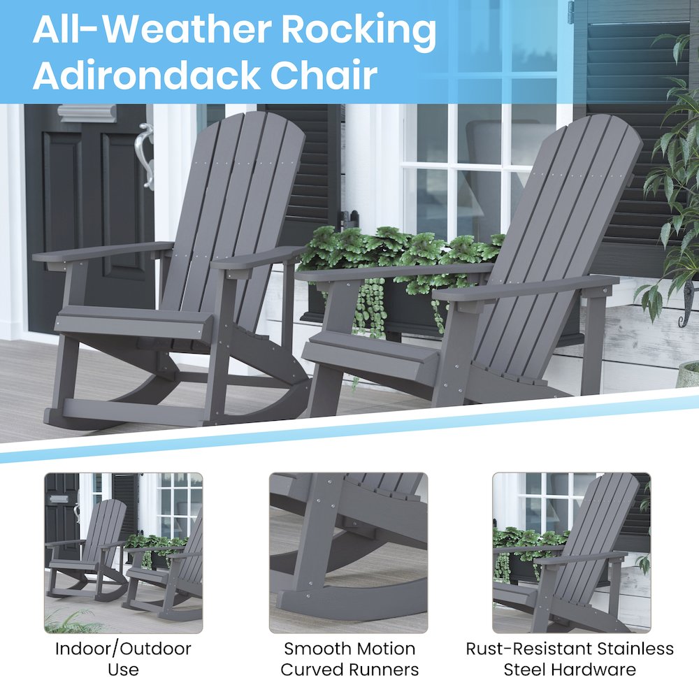 Set of 2 Adirondack Rocking Chairs in Gray with Blue Cushions, Porch, and Patio. Picture 5