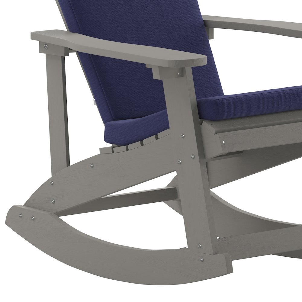 Set of 2 Adirondack Rocking Chairs in Gray with Blue Cushions, Porch, and Patio. Picture 12