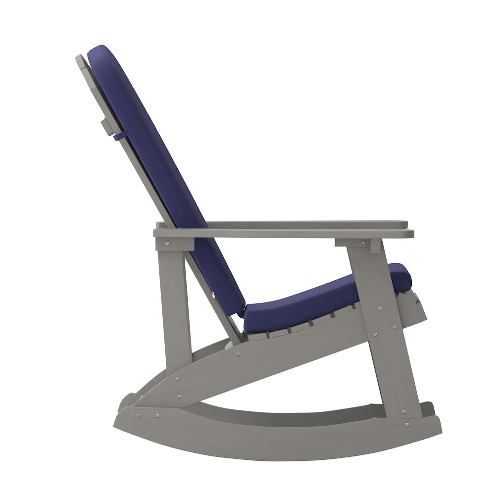 Set of 2 Adirondack Rocking Chairs in Gray with Blue Cushions, Porch, and Patio. Picture 13